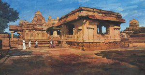 Glorious Pattadkal (Sacred Sanctuary) by Ajay Sangve, Original Acrylic Religious Painting on Canvas, Small Horizontal Wall Art