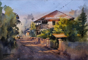 Glory Of Decline (Morning in the Village) by Purendra Deogirkar, Original Watercolor Cityscape Painting on Paper, Small Horizontal Wall Art