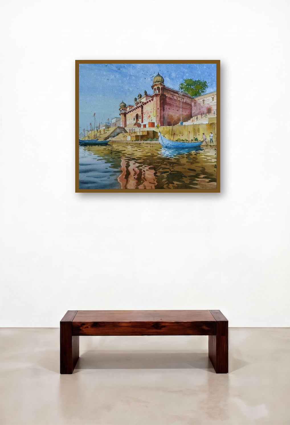 Glow Of Varanasi 1 (Morning on the Ganges) by artist Abhijit Jadhav displayed in a Designer Hotel Suite