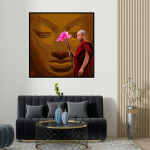 Umakant Tawde's 'Gnosis 1 (Buddha with Flowers)' painting visualized above a sofa in a contemporary room.