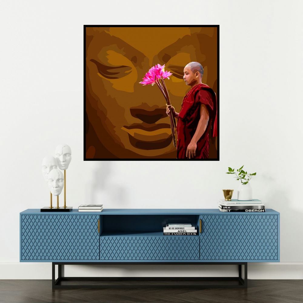 'Gnosis 1 (Buddha with Flowers)' painting by Umakant Tawde shown on a wall in a furnished room.
