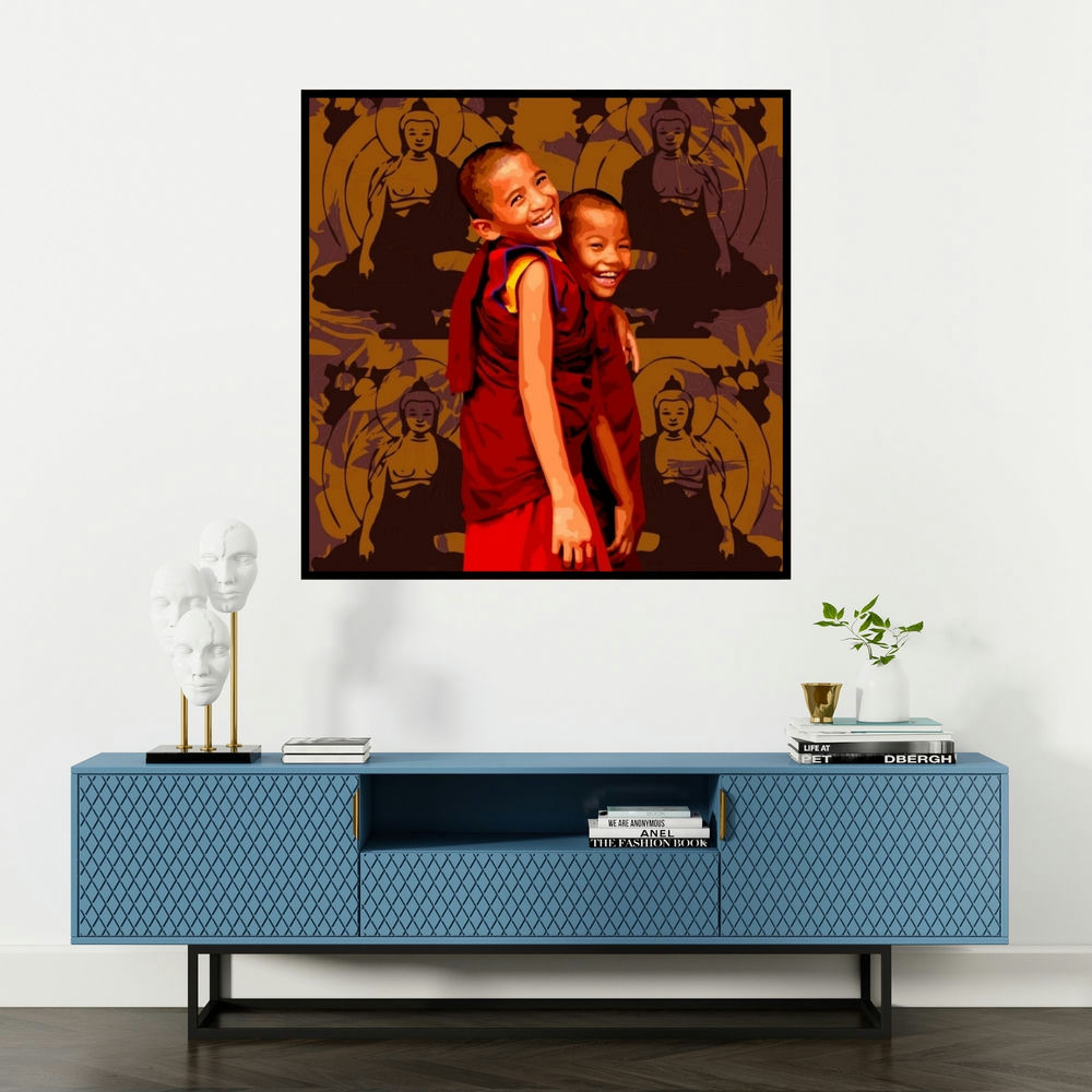 'Gnosis 11 (Village Life)' painting by Umakant Tawde shown on a wall in a furnished room.