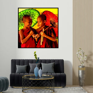 Umakant Tawde's 'Gnosis 13 (Whispers Under the Ancient Umbrella)' painting visualized above a sofa in a contemporary room.