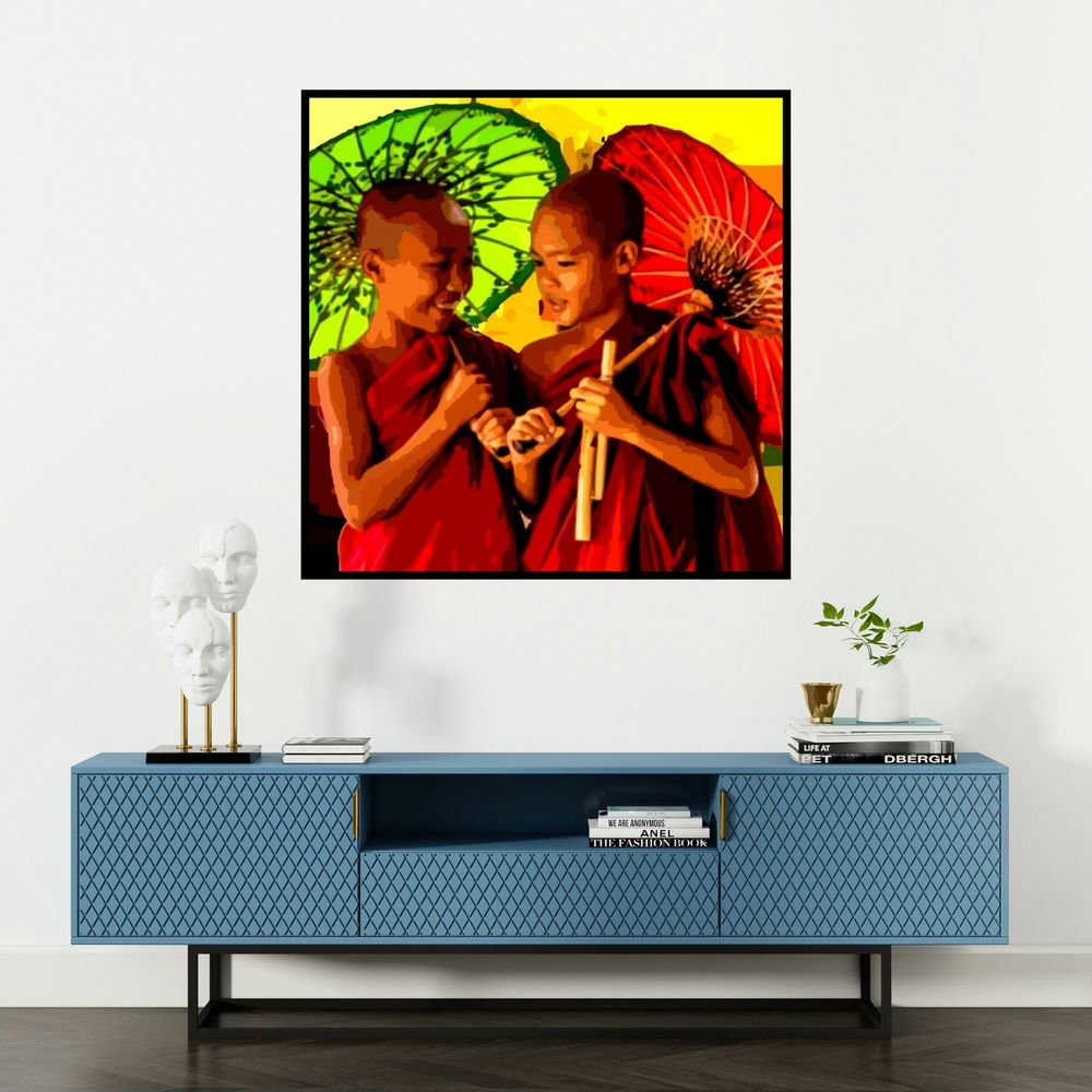 'Gnosis 13 (Whispers Under the Ancient Umbrella)' painting by Umakant Tawde shown on a wall in a furnished room.