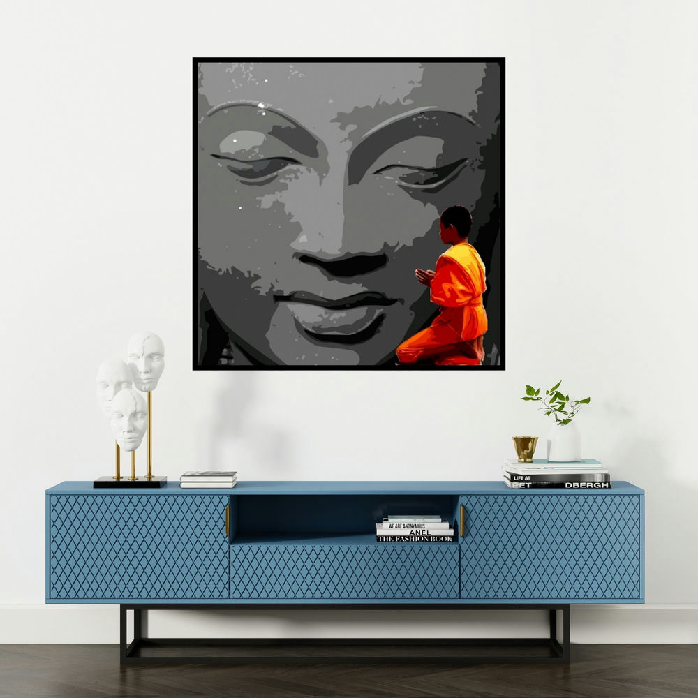 'Gnosis 16 (Seeking Buddha's Blessings)' painting by Umakant Tawde shown on a wall in a furnished room.