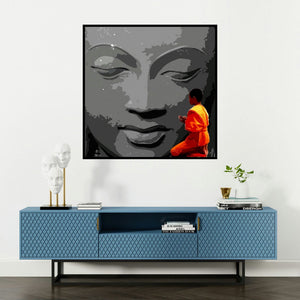 'Gnosis 16 (Seeking Buddha's Blessings)' painting by Umakant Tawde shown on a wall in a furnished room.