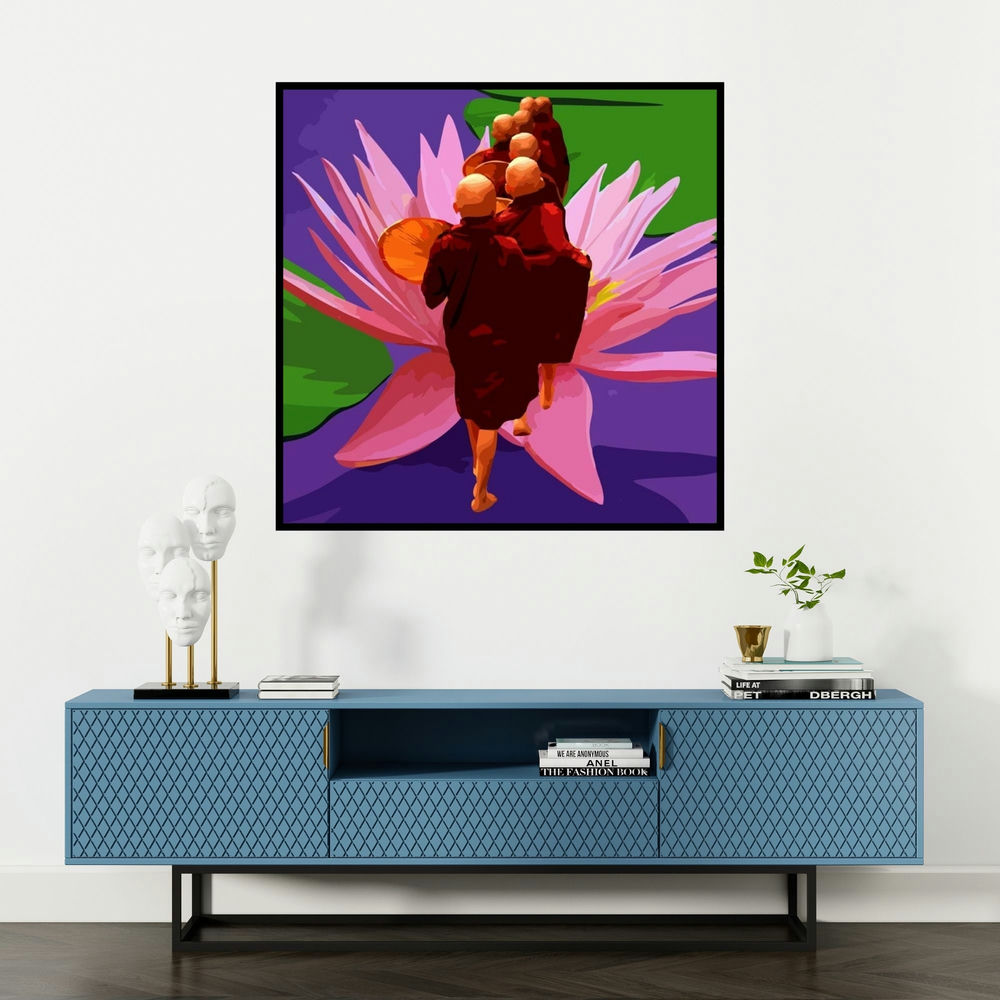 'Gnosis 18 (Monks' Procession and the Lotus)' painting by Umakant Tawde shown on a wall in a furnished room.