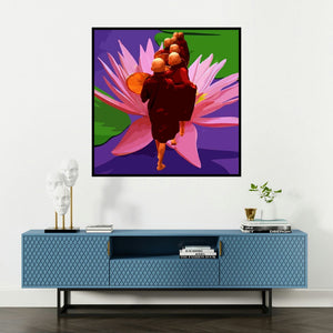 'Gnosis 18 (Monks' Procession and the Lotus)' painting by Umakant Tawde shown on a wall in a furnished room.