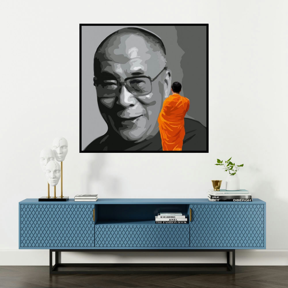 'Gnosis 19 (Monk in Prayer)' painting by Umakant Tawde shown on a wall in a furnished room.