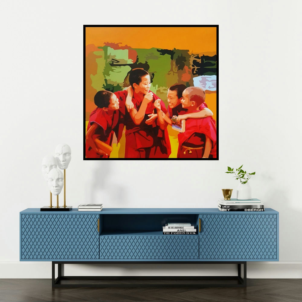 'Gnosis 9 (Innocence of Village Life)' painting by Umakant Tawde shown on a wall in a furnished room.
