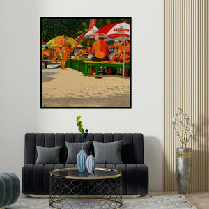 Nur Ali's 'Goa Beach (Premium Fuel for a Premium Experience)' painting visualized above a sofa in a contemporary room.