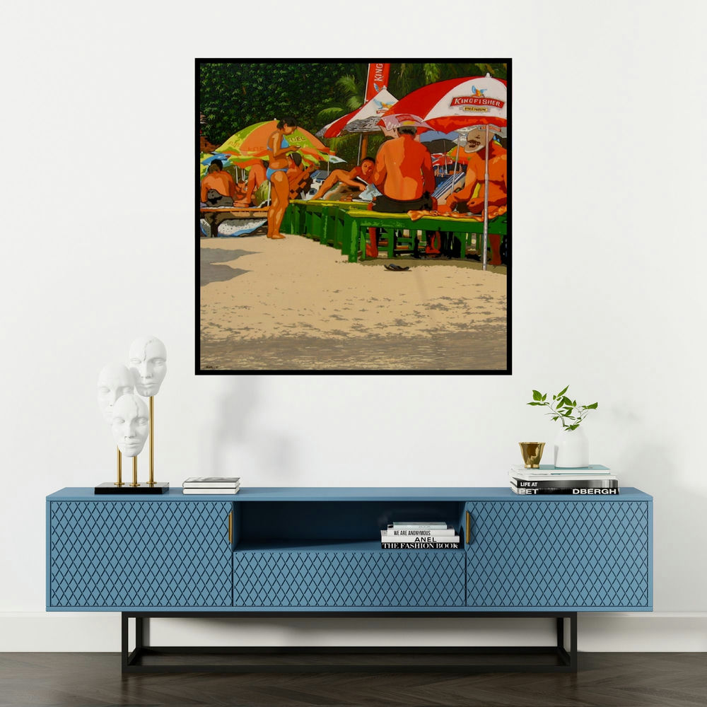 'Goa Beach (Premium Fuel for a Premium Experience)' painting by Nur Ali shown on a wall in a furnished room.