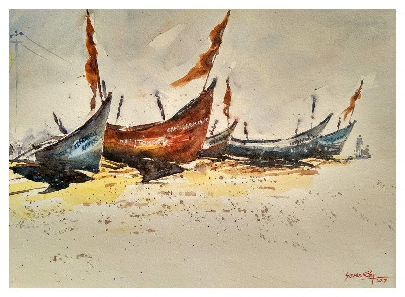 Landscape watercolor painting titled 'Goa Boats', 14x10 inches, by artist Soven Roy on Handmade Paper