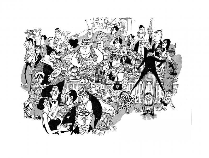 Figurative pen ink painting titled 'Goan Wedding Banquet (1964)', 21x29 inches, by artist Mario Miranda on Paper