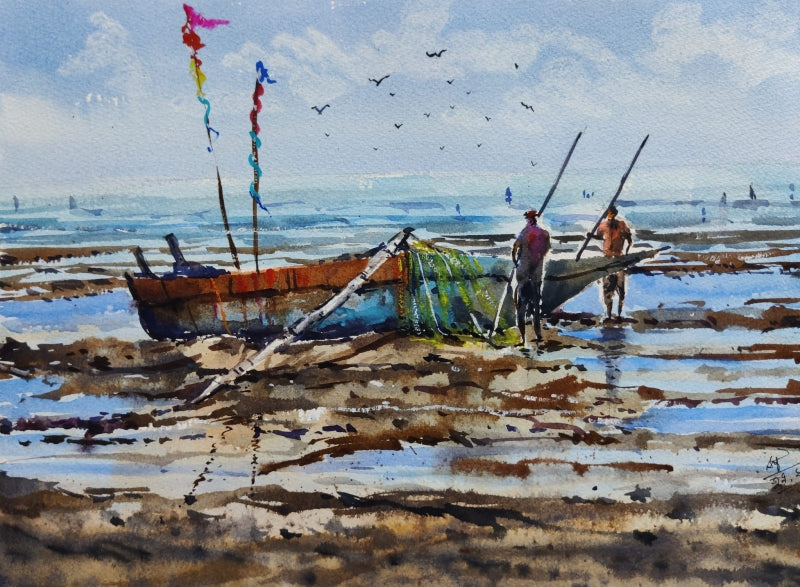 Goanese Fishermen' seascape watercolor painting by artist Sujit Chakraborty, 12x17 inch, on paper