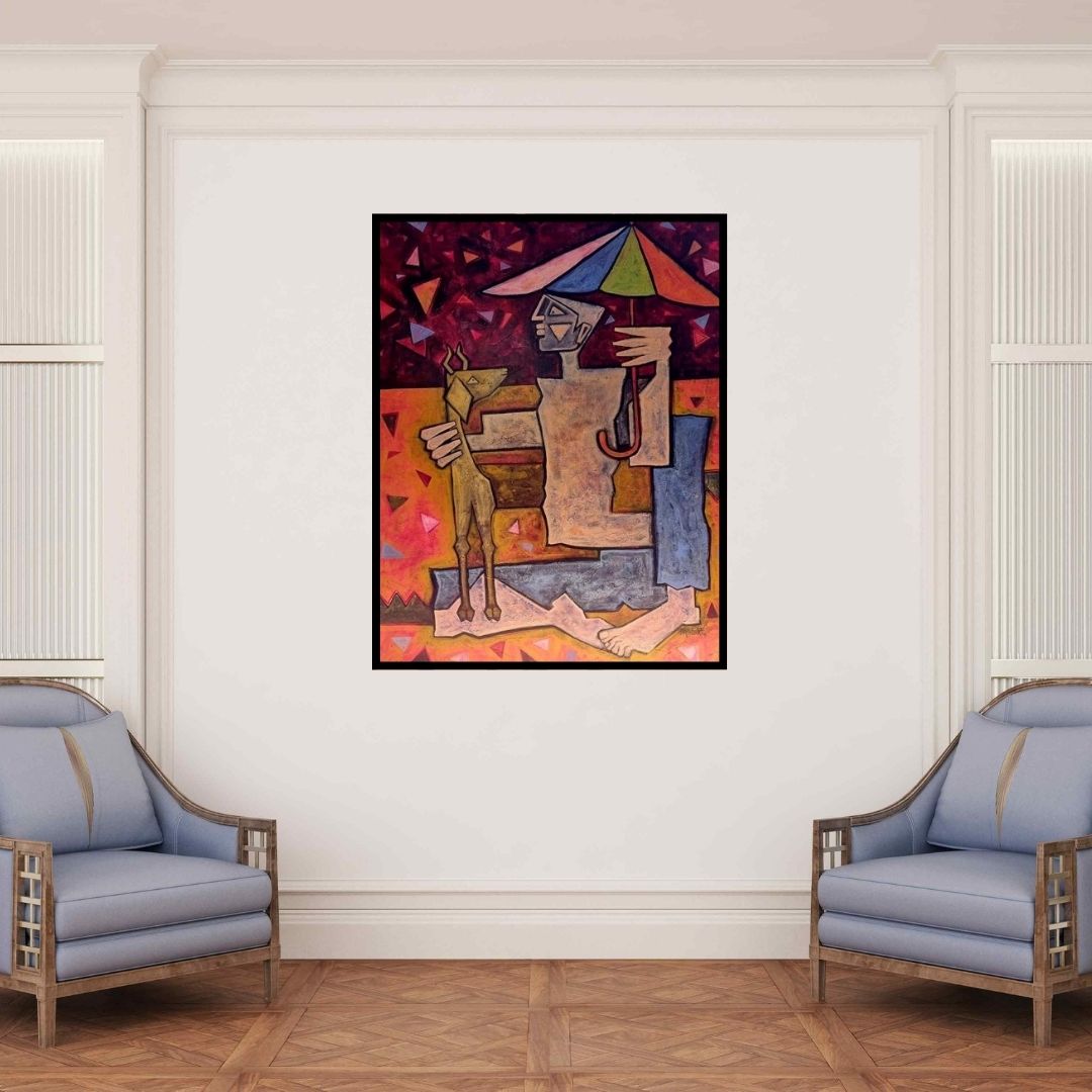 In-situ view of Amit Rajvanshi's 'Goat (Shelter from the Storm)' painting in a room