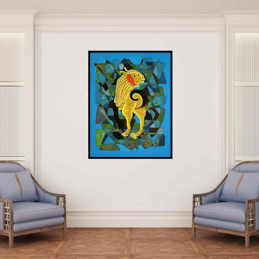 In-situ view of Dharmendra Kumar's 'Goat Garden 1 (The Guardian)' painting in a room