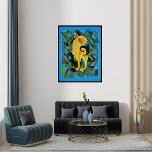 Preview of 'Goat Garden 1 (The Guardian)' Painting by Dharmendra Kumar shown on a wall in a furnished room.
