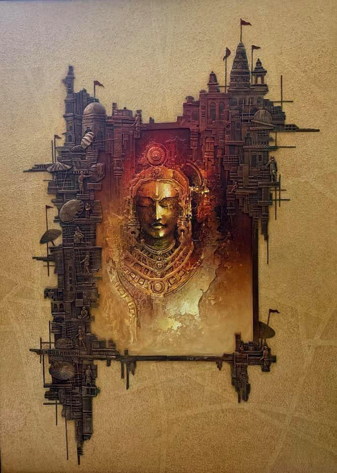 God' religious mixed-media painting by artist Amit Bhar, 66x48 inch, on waterproof plywood