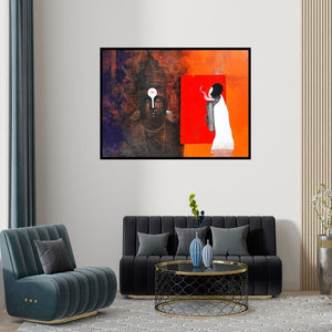 Preview of 'God And Worship (Echoes of Divinity: A Silent Conversation)' Painting by Narayan Shelke shown on a wall in a furnished room.