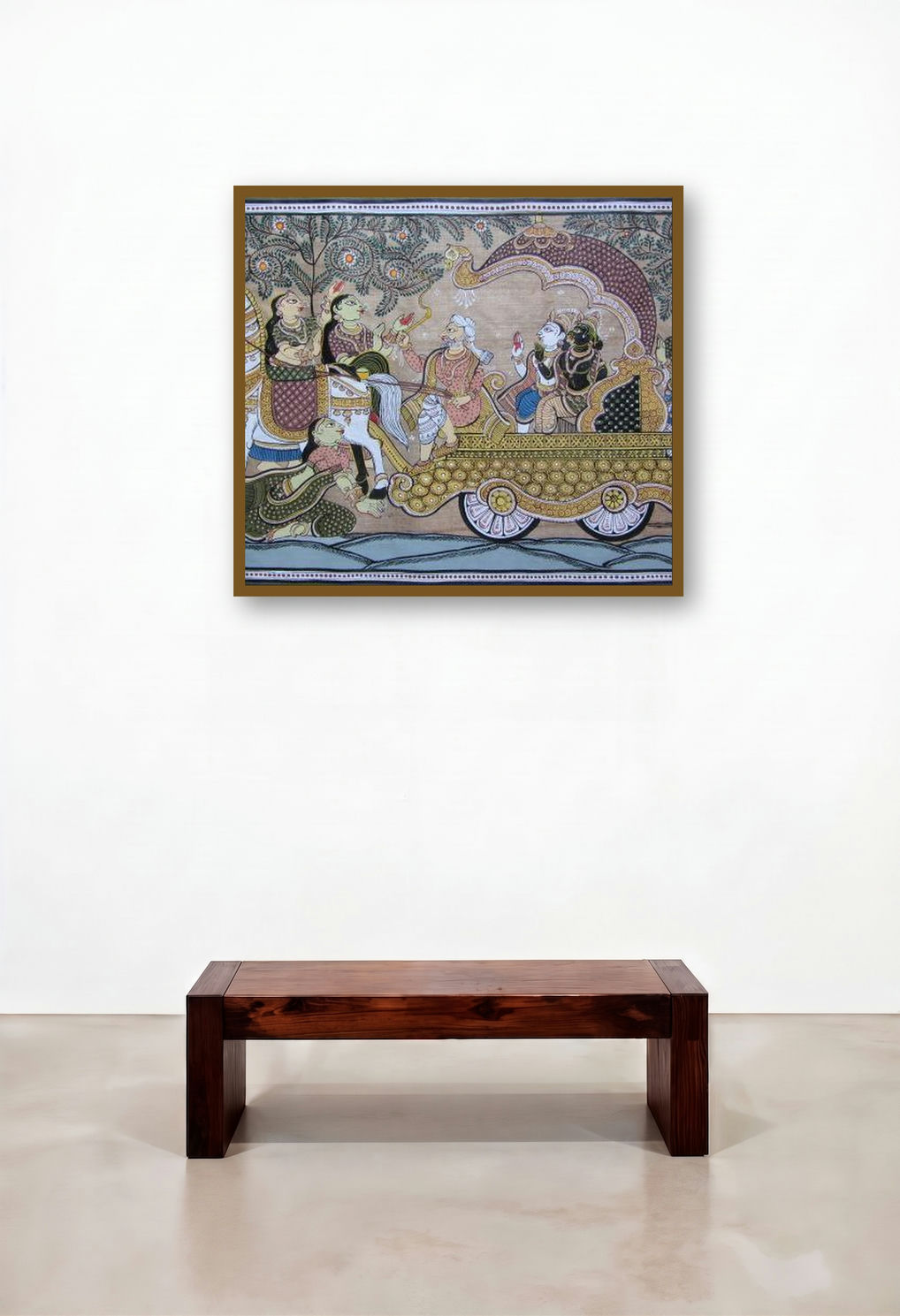 God Blessing Tasar Cloth Painting (Royal Procession: Rama and Sitas Majestic Journey) by artist Pradeep Swain displayed in a Japandi Reception Area