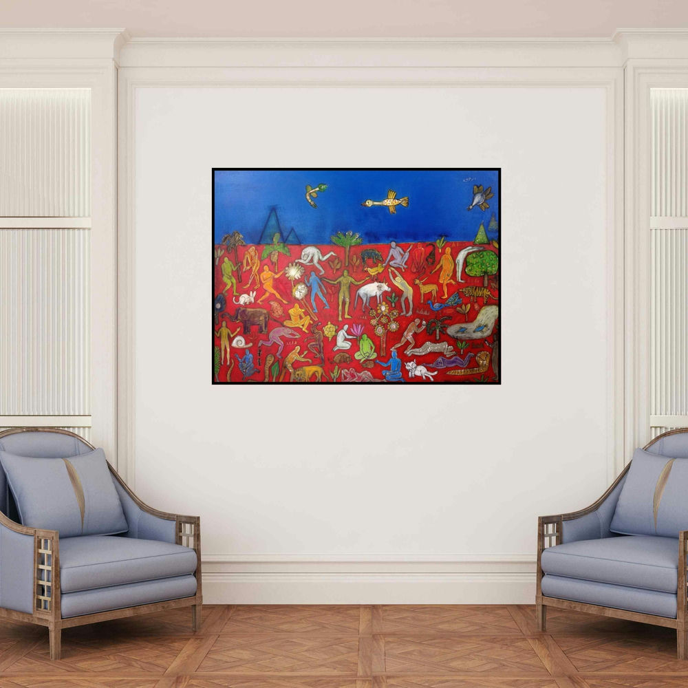 'God Is Great (A Tapestry of Life**)' painting by Santosh Pattar shown on a wall in a furnished room.