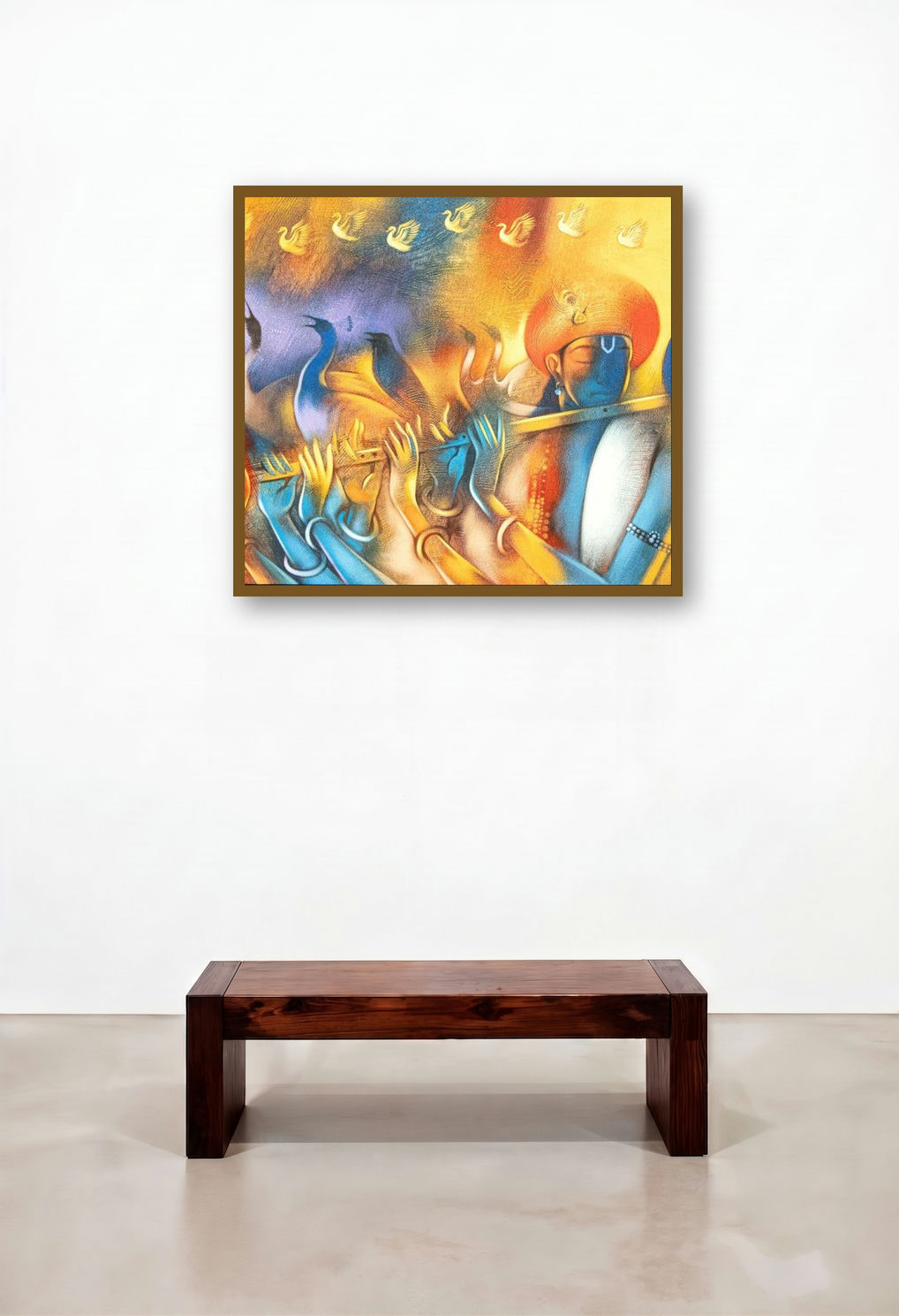 God Playing Flutes With More Hands (Symphony of the Divine) by artist Balaji Ubale displayed in a Modern Hotel Suite