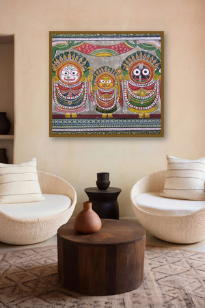 God Tasar Cloth Painting I (Divine Trio: Jagannath displayed in a Minimalist gallery