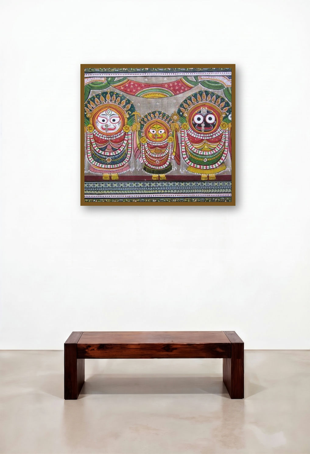 God Tasar Cloth Painting I (Divine Trio: Jagannath displayed in a Modern Executive Office