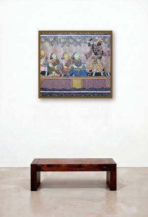 God Tasar Cloth Painting Ii (Passage to Exile: Ramas River Crossing) by artist Pradeep Swain displayed in a Contemporary Home Office