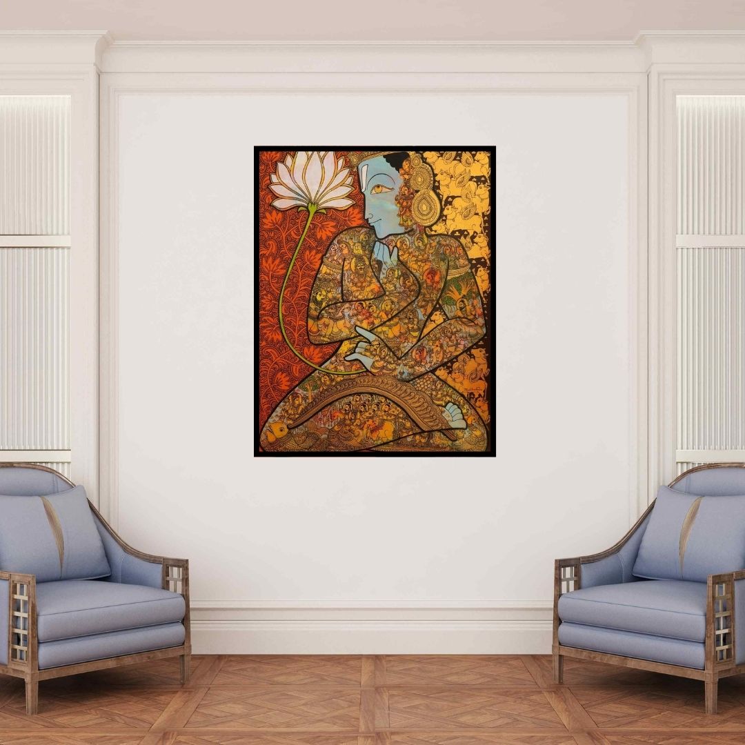 In-situ view of Ramesh Gorjala's 'God Vishnu (Krishna and the Lotus)' painting in a room