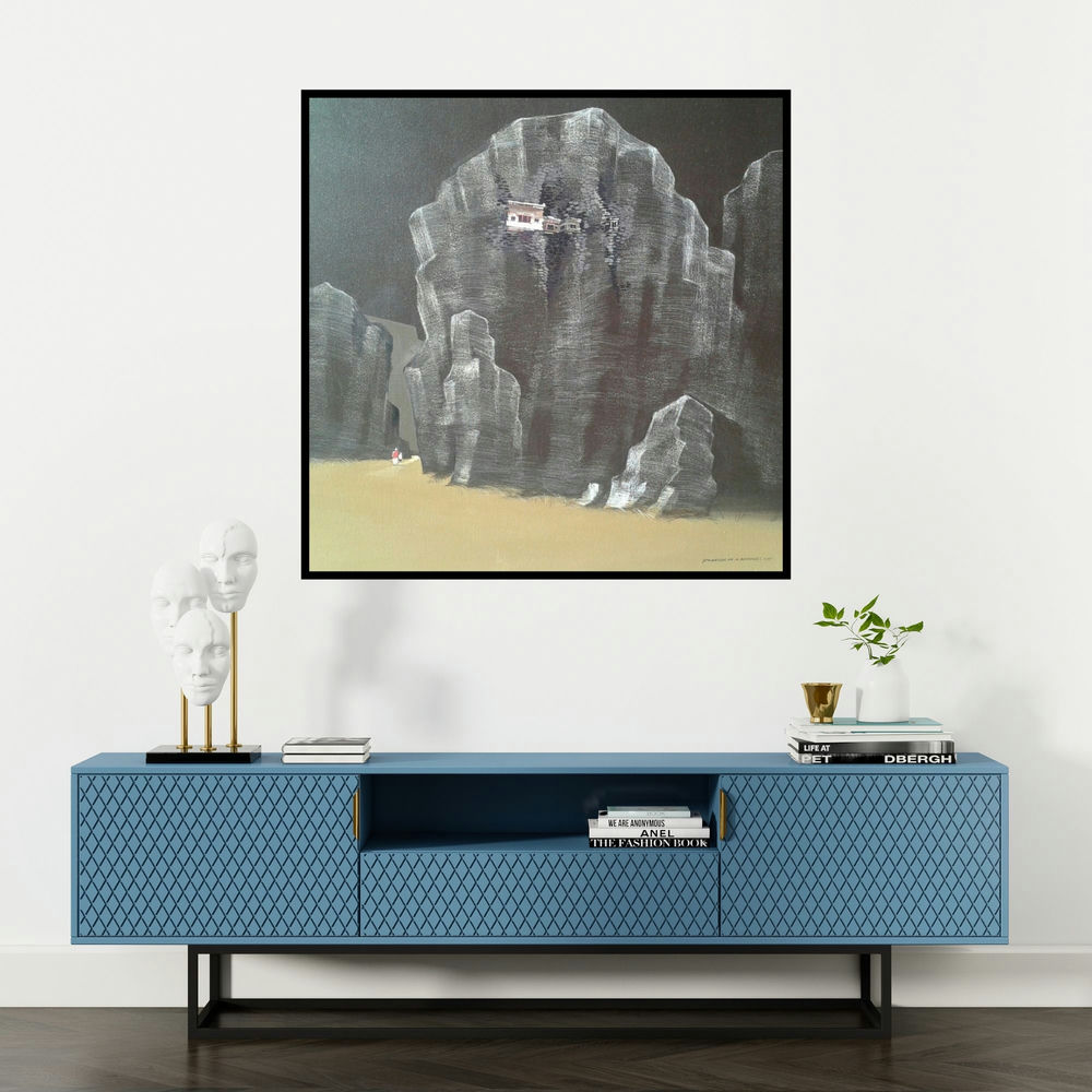 'God Visit 2 (Whispers of the Himalayas)' painting by Yogesh Lahane shown on a wall in a furnished room.