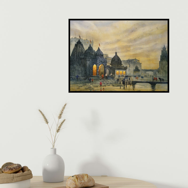 In-situ view of Dnyaneshwar Dambale's 'Godavari 2 (Varanasi Temple at Dusk)' painting in a room