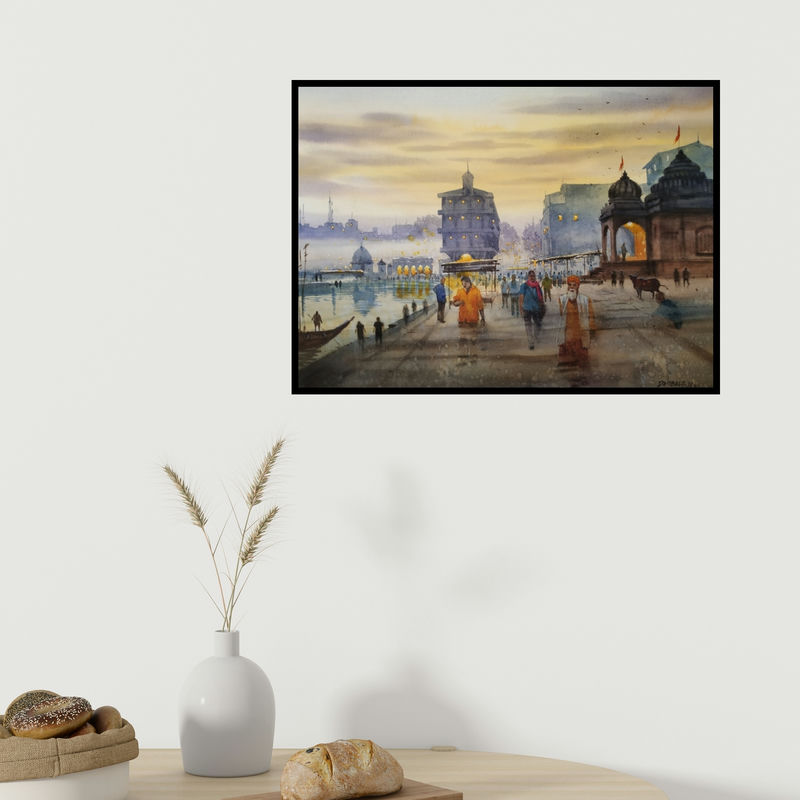 In-situ view of Dnyaneshwar Dambale's 'Godavari (Varanasi Ghats at Dawn)' painting in a room
