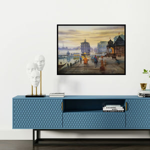 Preview of 'Godavari (Varanasi Ghats at Dawn)' Painting by Dnyaneshwar Dambale shown on a wall in a furnished room.