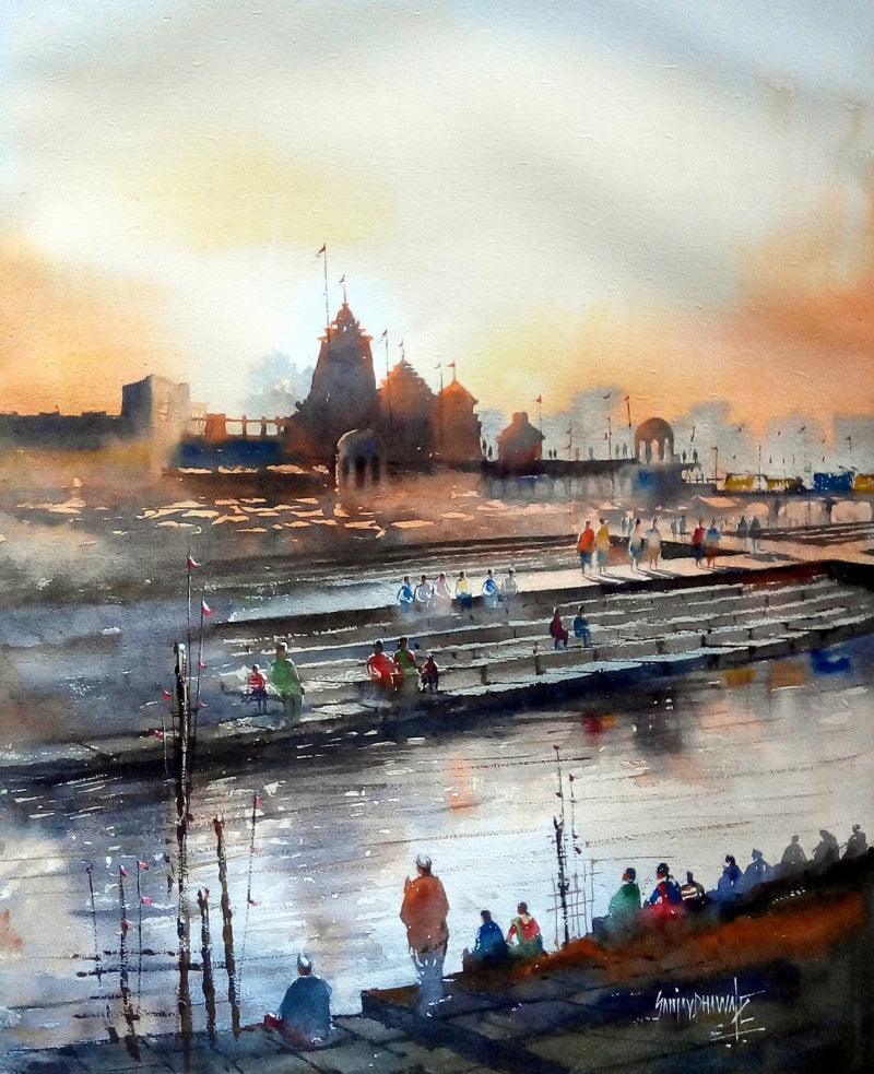 Landscape watercolor painting titled 'Godavari Ghat', 27x22 inches, by artist Sanjay Dhawale on Paper