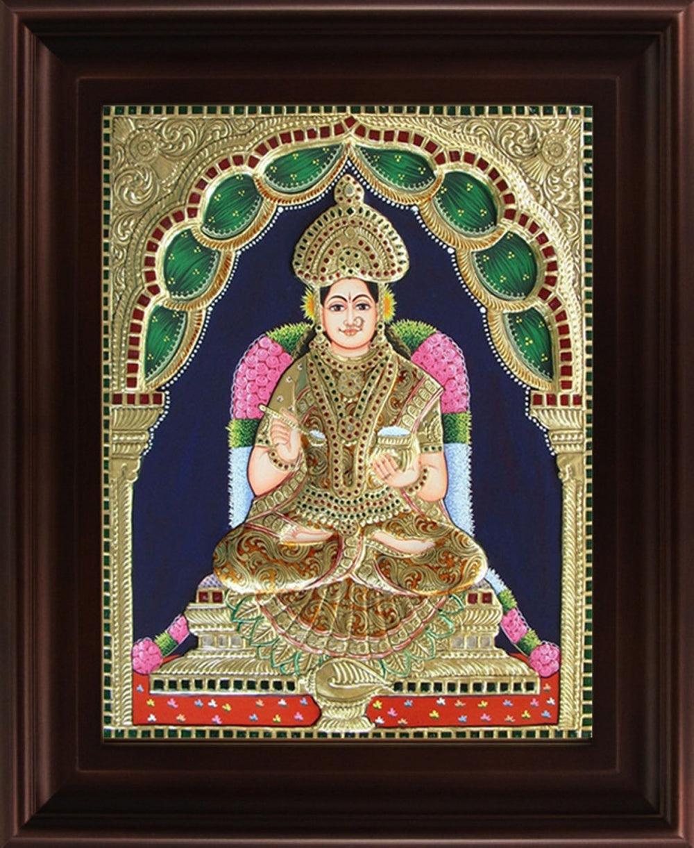 Religious tanjore traditional art titled 'Goddess Annapoorani Tanjore Painting', 24x18 inches, by artist Myangadi Tanjore on Plywood