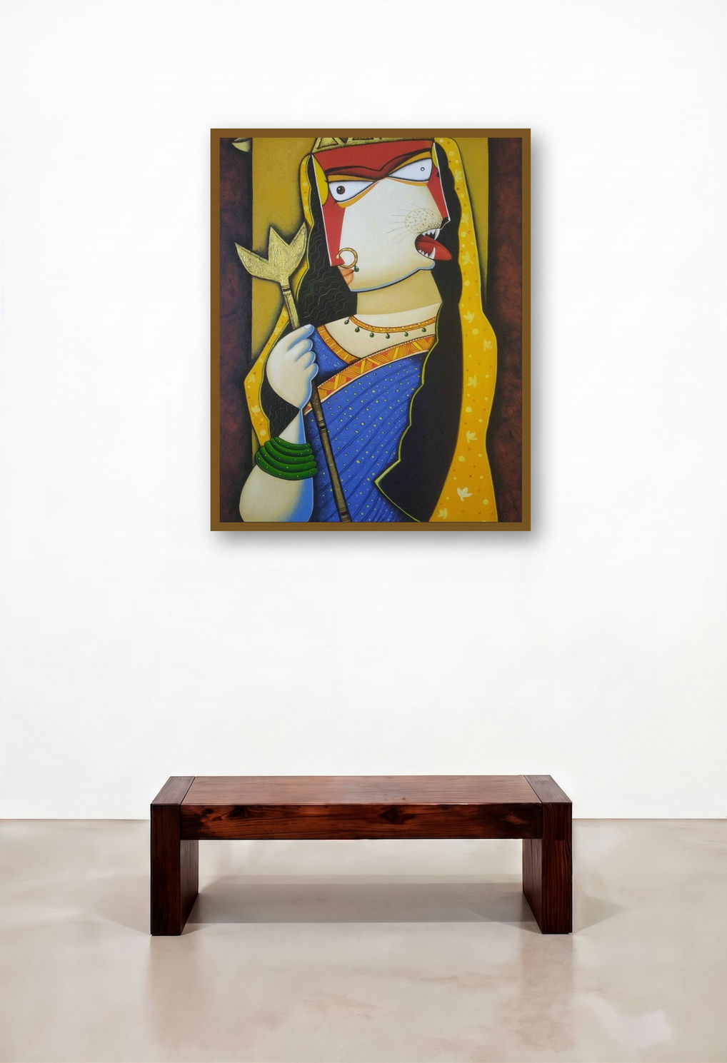 Goddess (Durga) by artist Arvind R Mahajan displayed in a Contemporary Luxury Lounge