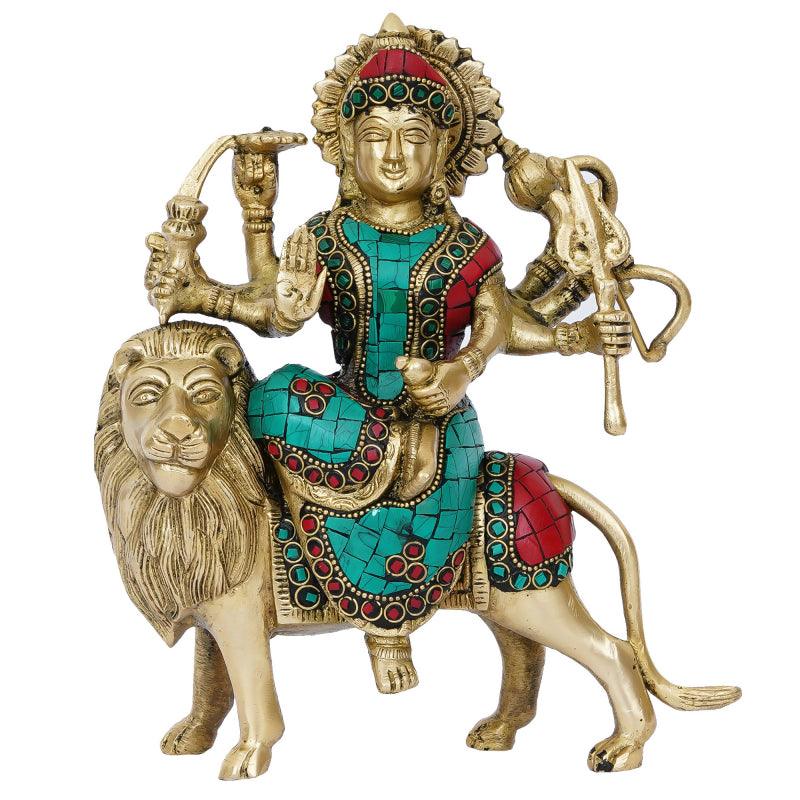 Religious handicraft titled 'Goddess Durga Maa On Lion', 7x8x3 inches, by artist Brass Handicrafts on Brass