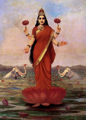 Goddess Lakshmi (Lakshmi: Goddess of Prosperity and Abundance) by Raja Ravi Varma, Print Oil Figurative Painting on Canvas, X-Small Vertical Wall Art