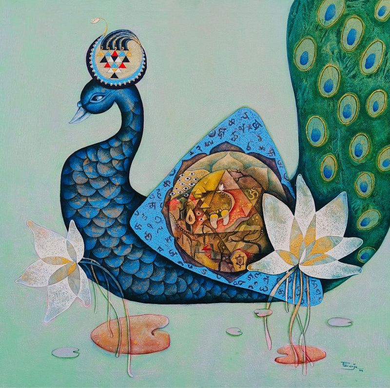 Goddess Of Learning 2' animals acrylic painting by artist Pooja Mhatre, 36x36 inch, on canvas