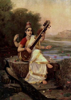 Goddess Saraswathi (Saraswati: Goddess of Knowledge and Wisdom) by Raja Ravi Varma, Print Oil Figurative Painting on Canvas, X-Small Vertical Wall Art