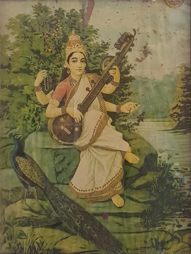 Religious oleograph painting titled 'Goddess Saraswati 2', 22x18 inches, by artist Raja Ravi Varma on Paper