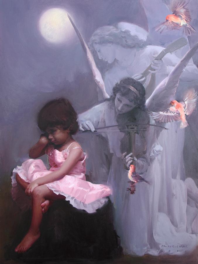 Figurative oil painting titled 'Godly Amusement', 48x36 inches, by artist Pramod Kurlekar on Canvas