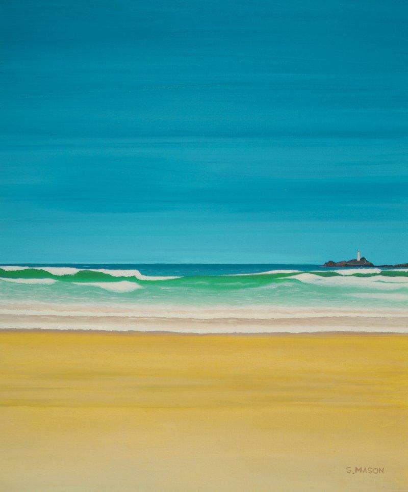 Seascape oil painting titled 'Godrevy Lighthouse Gwithian', 20x24 inches, by artist SIMON MASON on Canvas