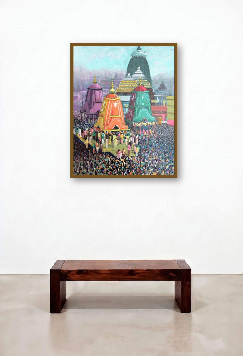 Golden Area (Festival of Chariots) by artist Amol Satre displayed in a Mid-Century Modern Hotel Suite