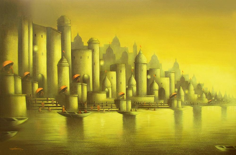 Cityscape mixed media painting titled 'Golden Banaras 2', 40x60 inches, by artist Somnath Bothe on Canvas