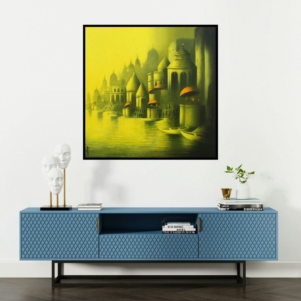 'Golden Banaras' painting by Somnath Bothe shown on a wall in a furnished room.