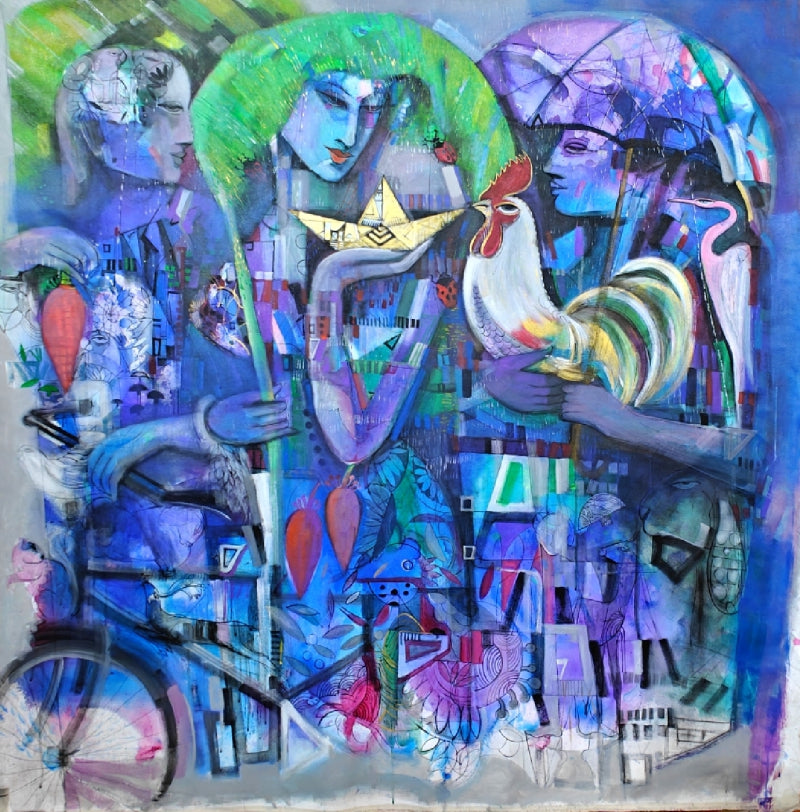 Golden Boat' figurative acrylic painting by artist Madan Lal, 50x50 inch, on canvas