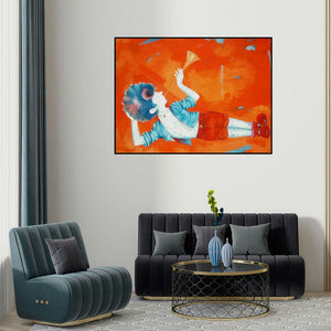 Shiv Kumar Soni's 'The Golden Childhood' painting visualized above a sofa in a contemporary room.